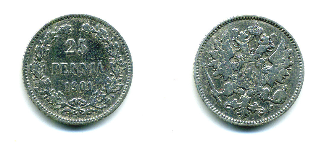 РОССИЯ ДЛЯ ФИНЛЯНДИИ 25 ПЕННИ 1901 L, НИКОЛАЙ II KM 6.2, Биткин 412 серебро 4383-119
