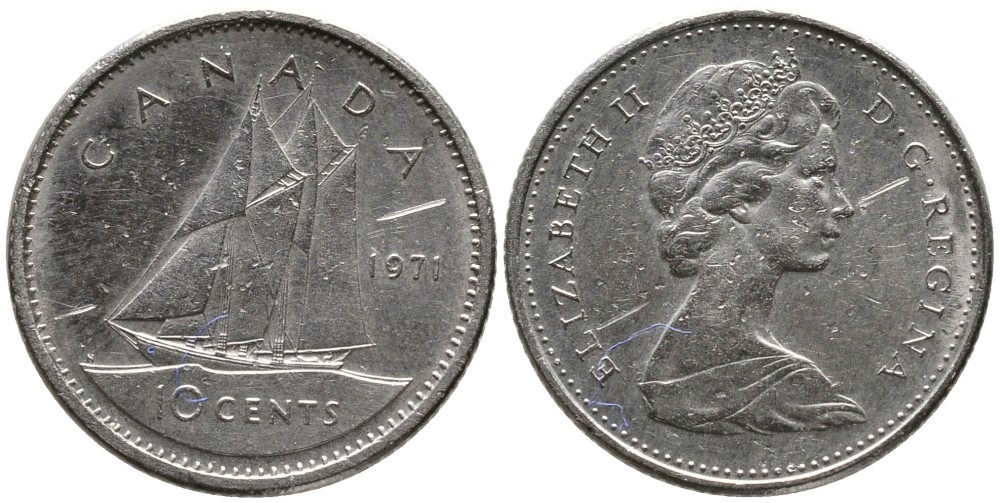 КАНАДА 10 ЦЕНТОВ 1971 ЕЛИЗАВЕТА II (1952-), ПАРУСНИК, ВТОРОЙ ПОРТРЕТ В КОРОНЕ KM 77.1 никель 4532-814