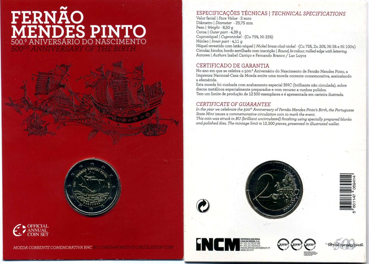 Португалия 2 евро 2011 500 лет со дня рождения Фернана Мендеса Пинто, запайка, картонный буклет KM 804 биметалл BUNC 3-4-8-44