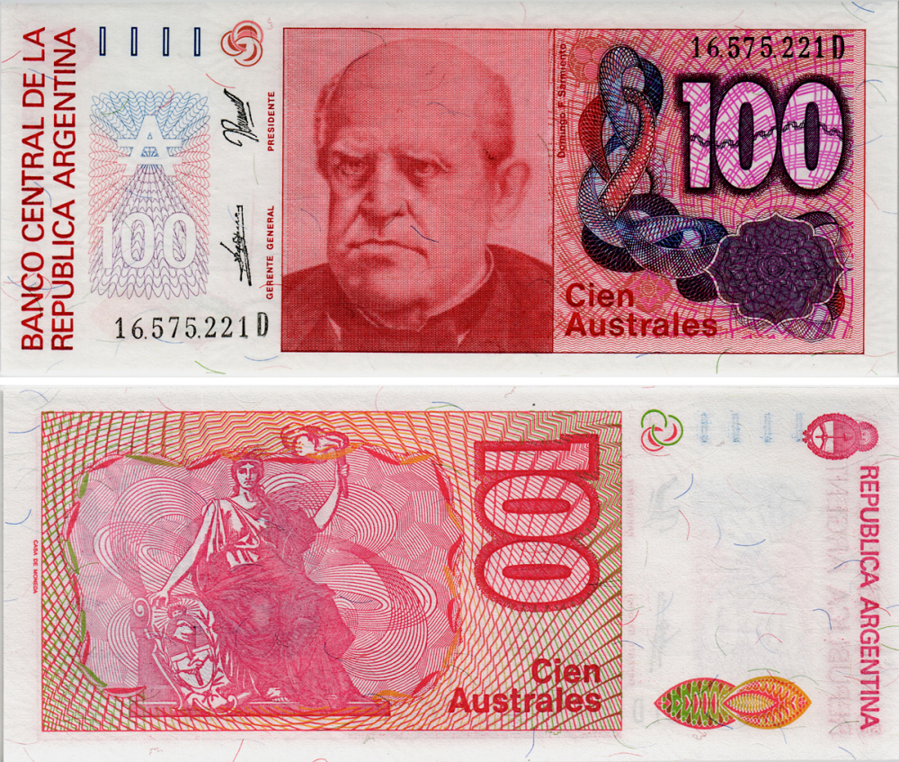 АРГЕНТИНА 100 АУСТРАЛЕЙ 1990 СЕРИЯ D 16575, Фаустино Сармьенто, Аргентинский военный деятель, масон Pick 327c бумага UNC (ПРЕСС) 6293-16-3-2