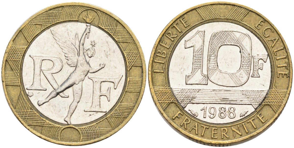 Франция 10 франков 1988 тип гений Бастилии KM 964.1, Le Franc 375.2 биметалл 4577-925