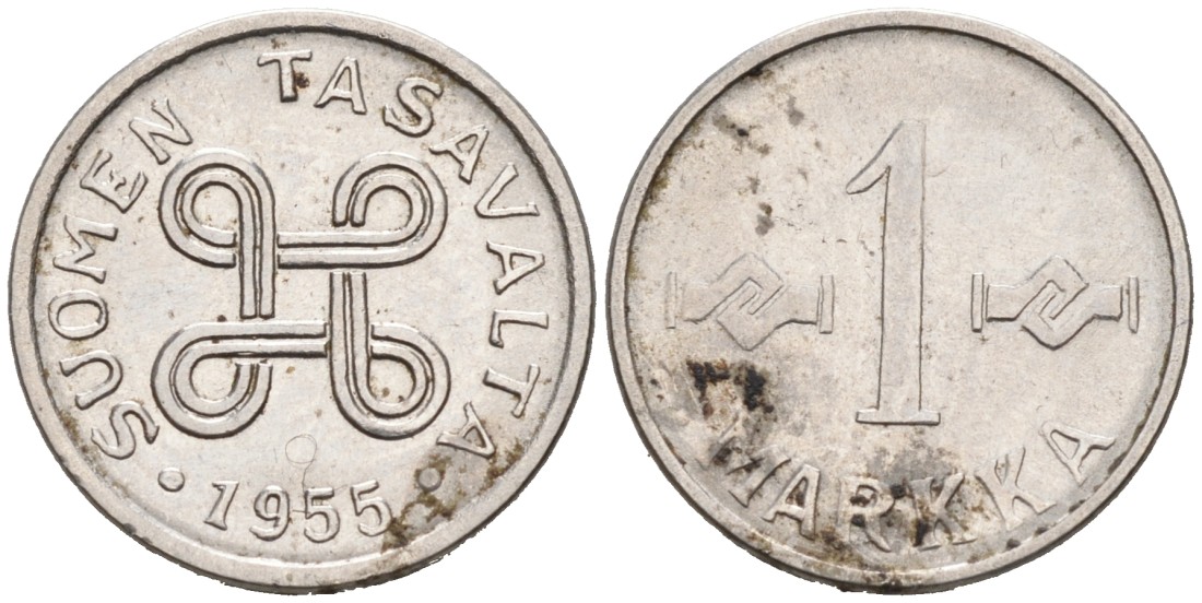 ФИНЛЯНДИЯ 1 МАРКА 1955 KM 38а железо плакированное никелем 192-1212