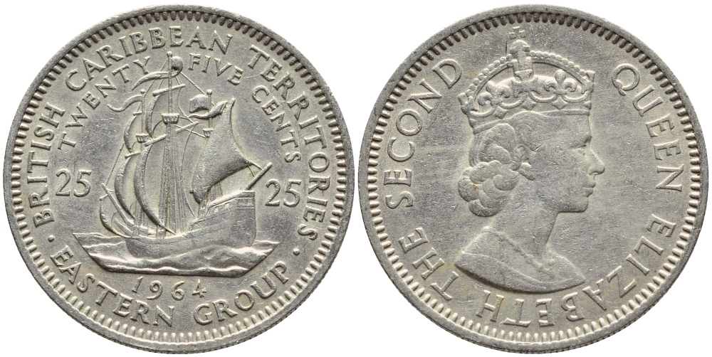 Британские Восточно-Карибские территории 25 центов 1964 Елизавета II (1952-2022), парусник KM 6 медно-никель 83-1253