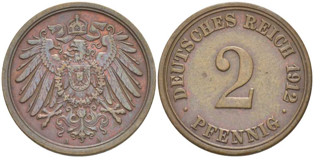 Германия 2 пфеннига 1912 A KM 16, J. 11, Weege 4 медь 212-353