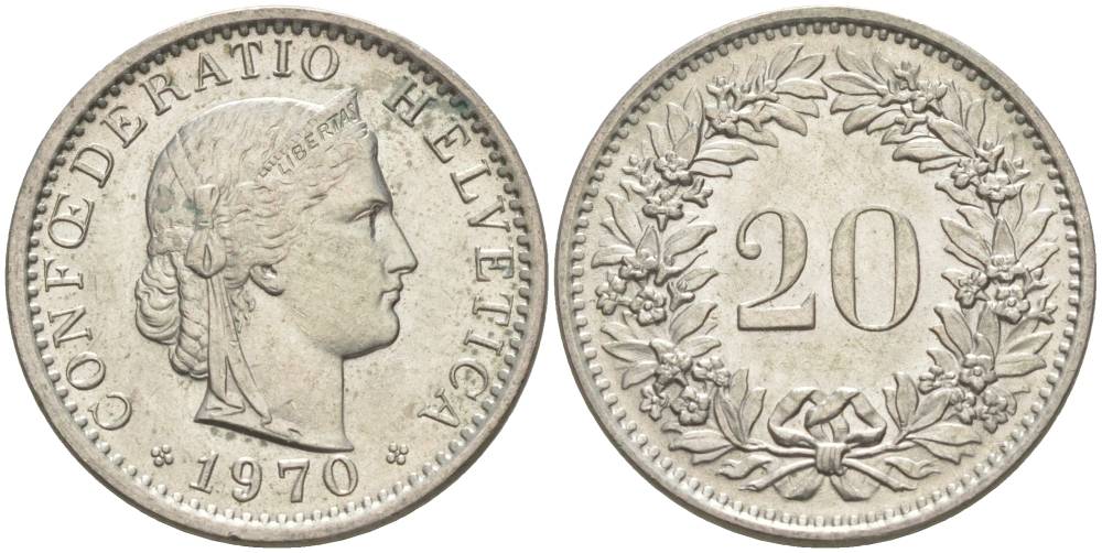 Швейцария 20 раппенов 1970 KM 29a медно-никель 55-932