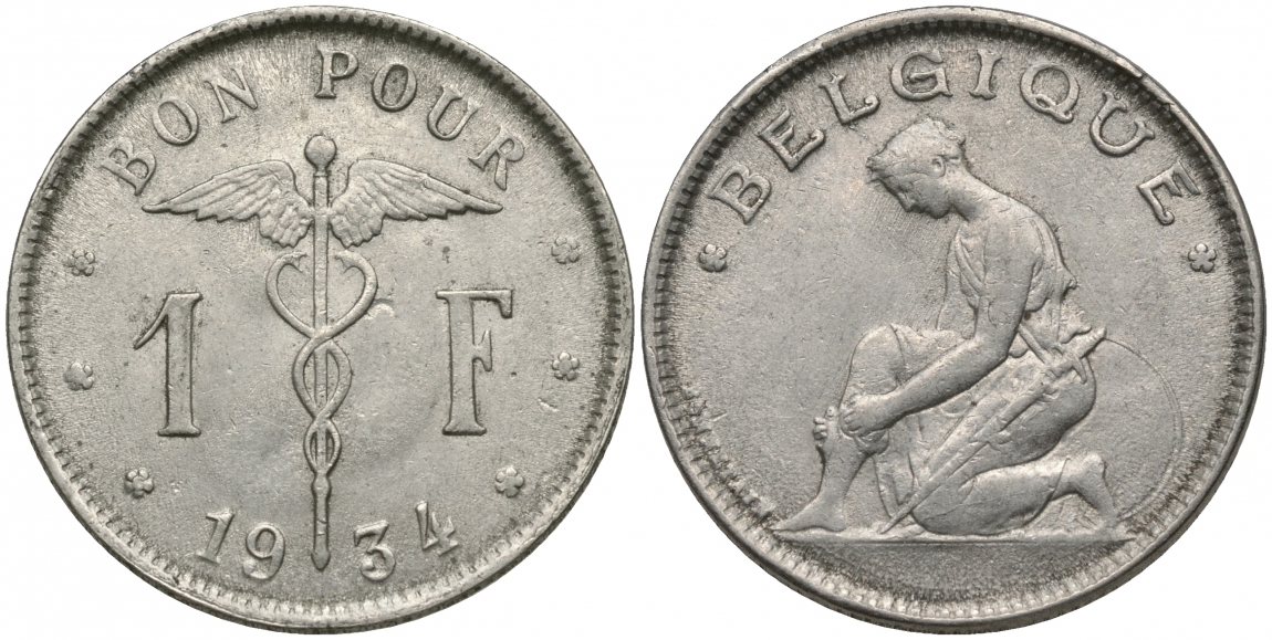 БЕЛЬГИЯ 1 ФРАНК 1934 BELGIQUE KM 89 никель 51-2127