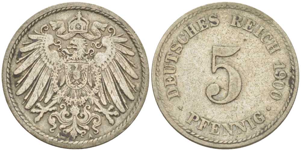 ГЕРМАНИЯ 5 ПФЕННИГОВ 1900 A KM 11, J. 12, Weege 6 медно-никель 206-927