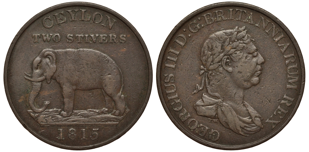 Цейлон 2 стивера 1815 слон, Георг III, без розы KM 82.1 медь 1528-913
