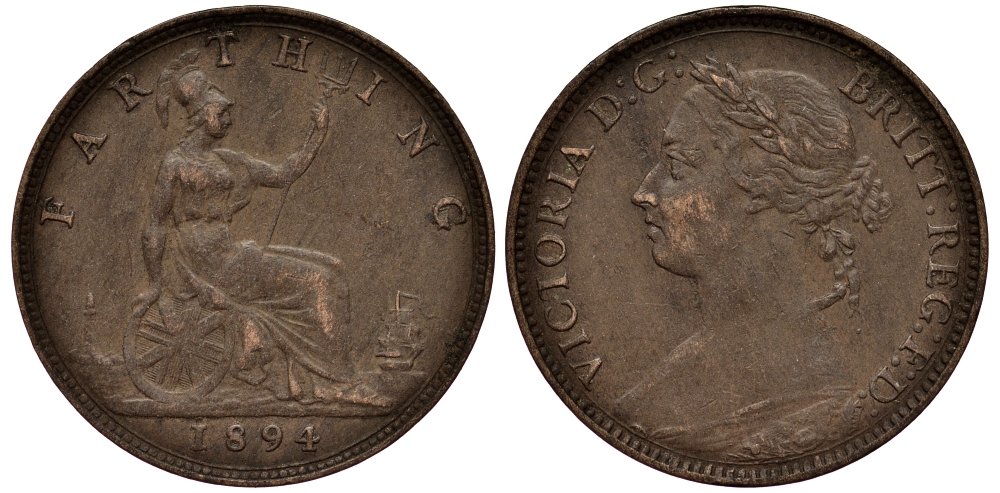 Великобритания 1 фартинг 1894 Виктория (1837-1901) KM 753, Spink 3958 бронза 1525-243