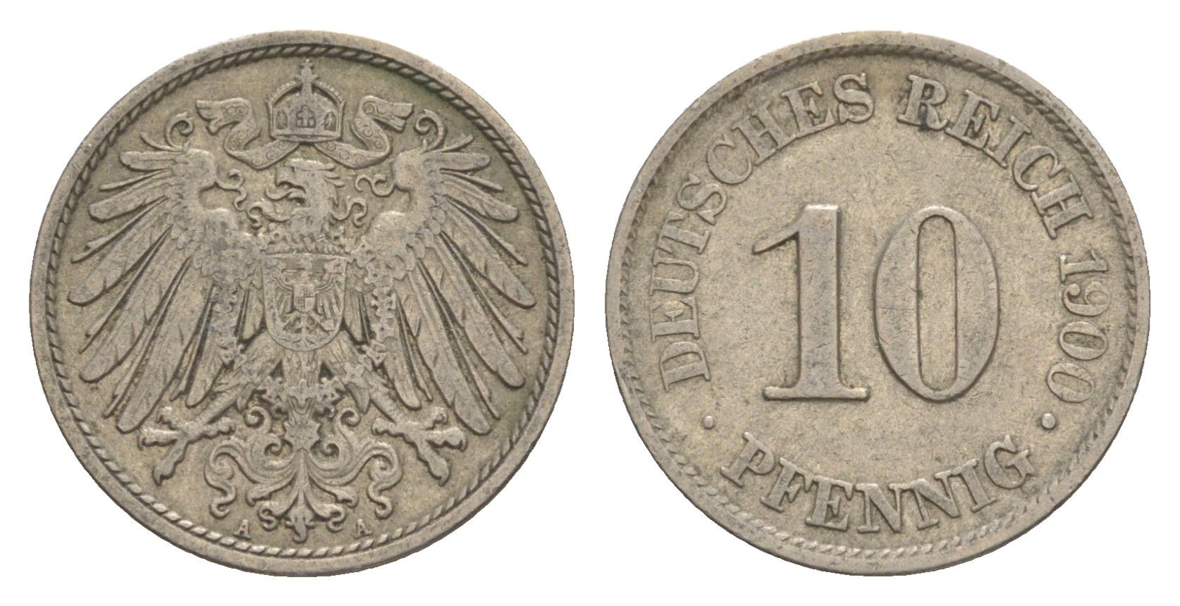 Германия 10 пфеннигов 1900 A, Вильгельм II (1888-1918) KM 12, J. 13 медно-никель 4640-244