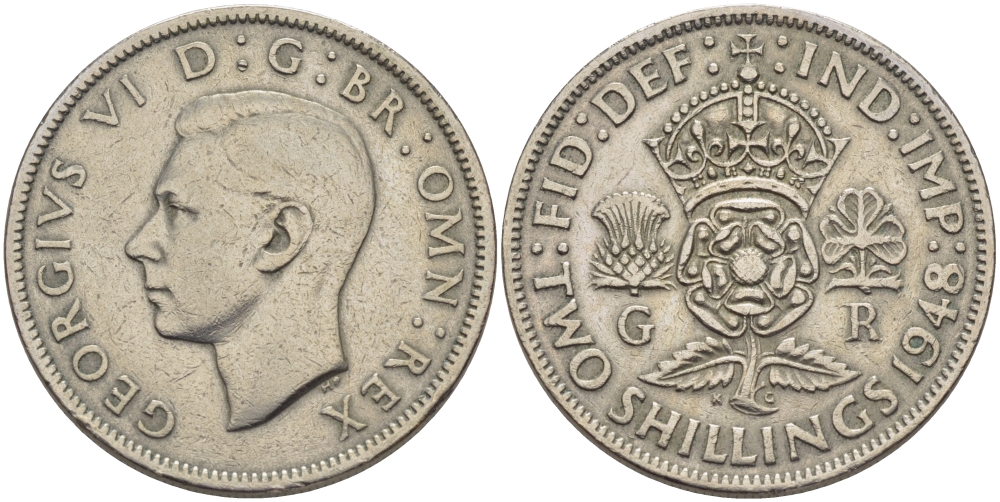 Великобритания 2 шиллинга (флорин) 1948 Георг VI (1936-1952) KM 865, Spink 4102 медно-никель 32-1246