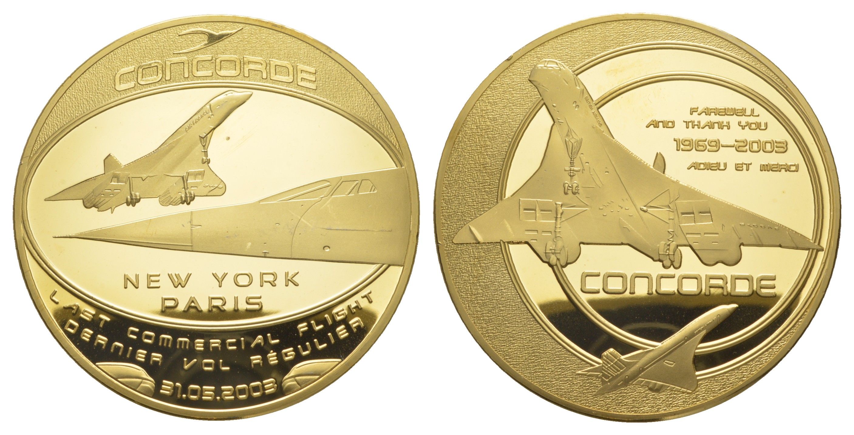 Франция медаль "Последний полет Конкорда из Нью-Йорка в Париж 31.05.2003" 2003 имеется сертификат подлинности, диаметр 70 мм, вес 118 гр позолоченная PROOF 3-5-3-17