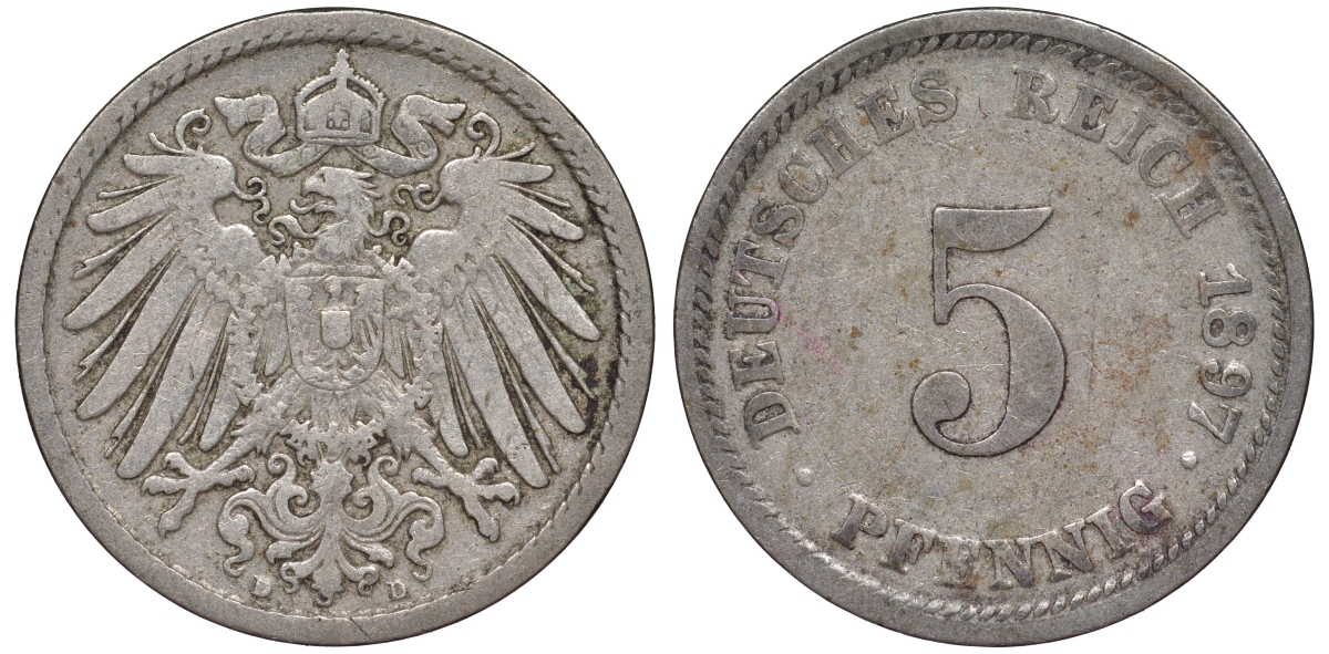 Германия 5 пфеннигов 1897 D, KM 11, J. 12 медно-никель 53-266