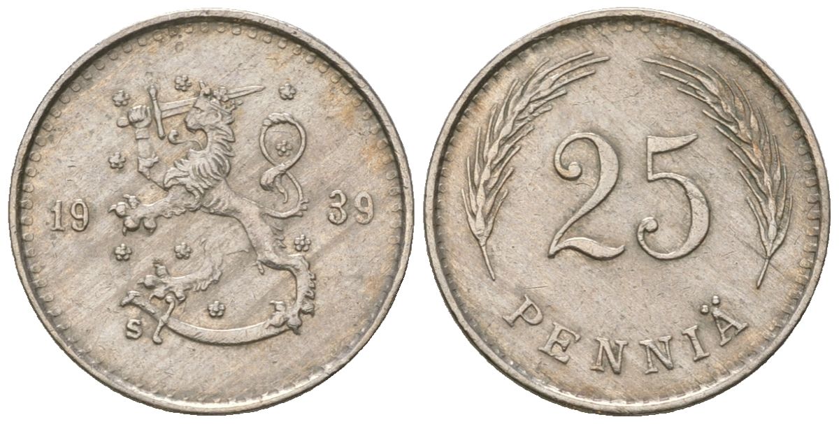 Финляндия 25 пенни 1939 S KM 25 медно-никель 4174-961