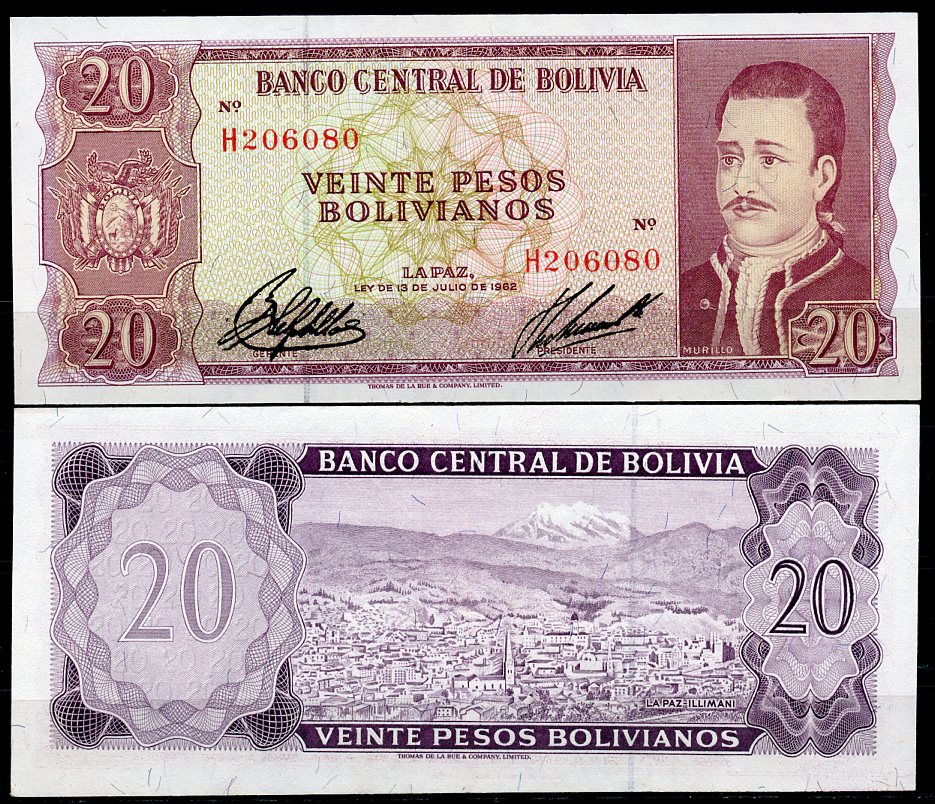 Боливия 20 песо боливиано 1962 Педро Доминго Мурильо, Ла-Пас, Delgadillo, Mercado Pick 161 a (3)  бумага  aUNC 00-00