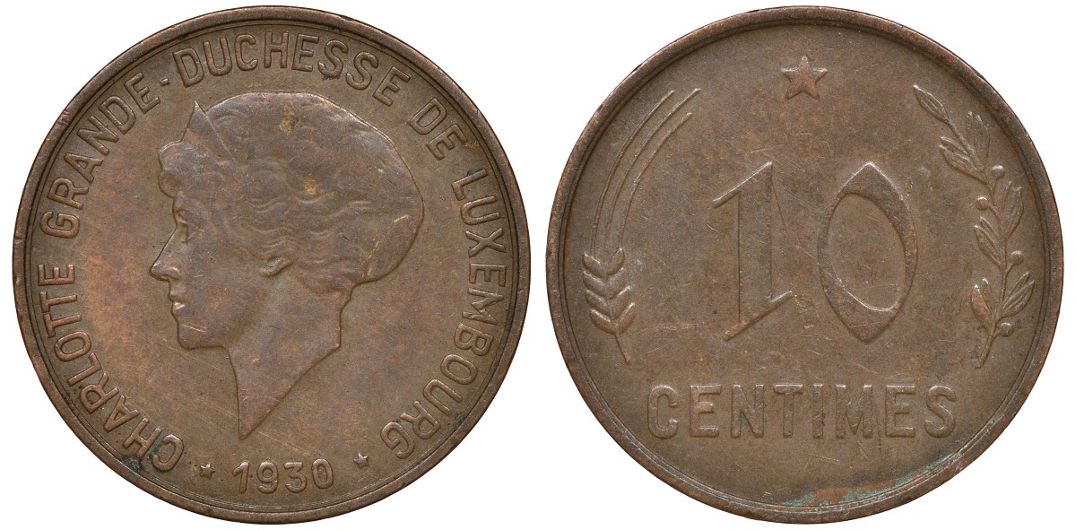 Люксембург 10 сантимов 1930 Шарлотта (1918-1964) KM 41 бронза 4163-321