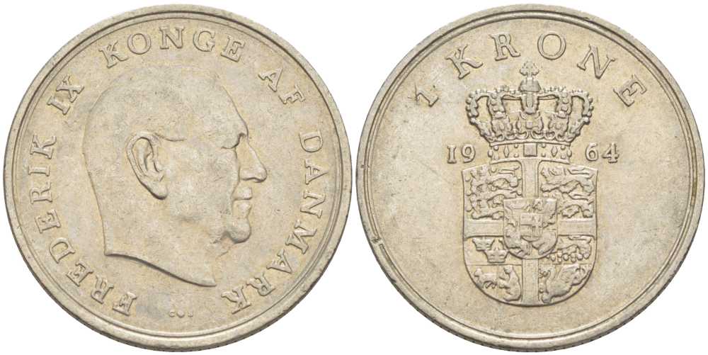 ДАНИЯ 1 КРОНА 1964 C; S, ФРЕДЕРИК IX (1947-1972) KM 851.1 медно-никель 95-147
