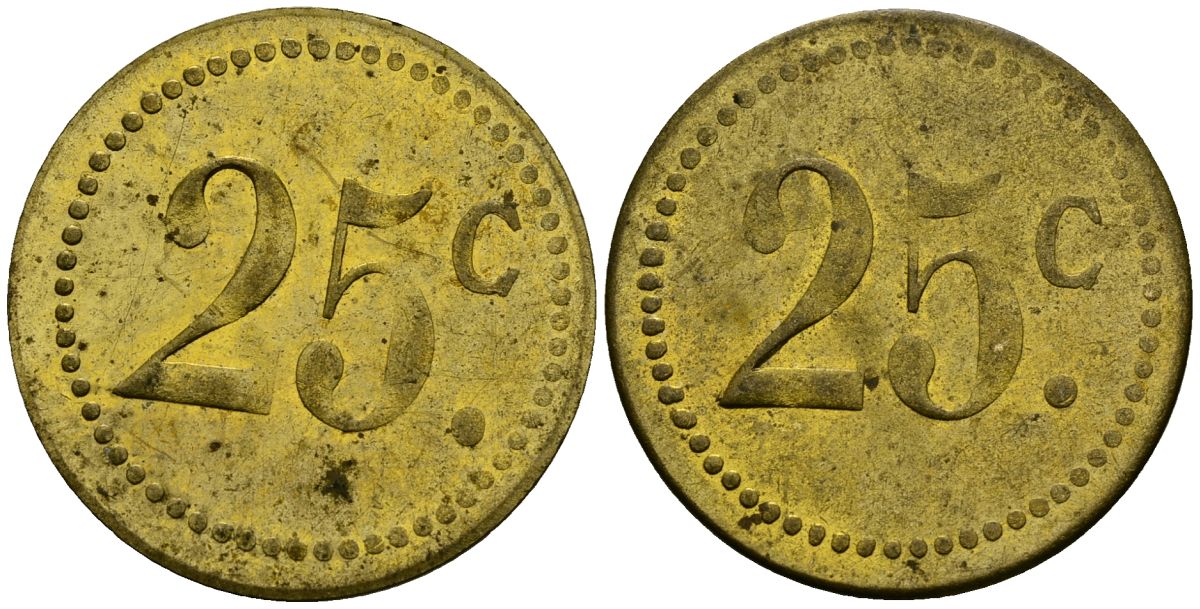 Франция 25†сантимов XIX-XX век ресторанный жетон латунь 4166-1055