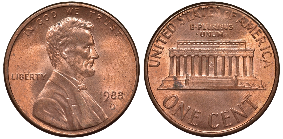 США 1 цент 1988 D KM 201b цинк плакированный медью 4547-529