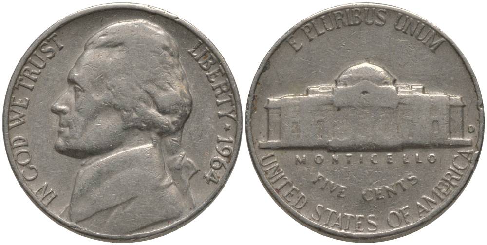 США 5 ЦЕНТОВ 1964 ДЖЕФФЕРСОН KM А192 медно-никель 181-111