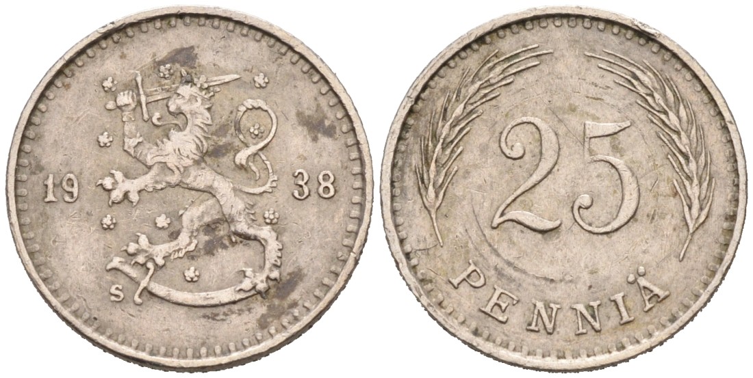 ФИНЛЯНДИЯ 25 ПЕННИ 1938 S KM 25 медно-никель 192-1159