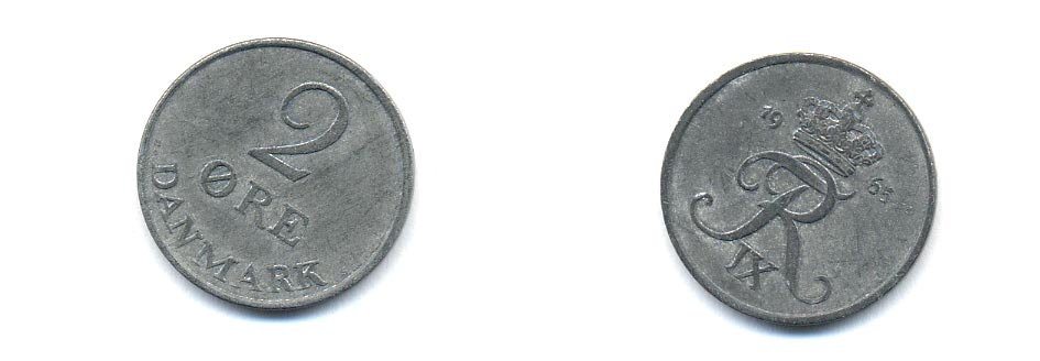ДАНИЯ 2 ЭРЕ 1965 C;S, ФРИДЕРИК IX (1947-1972) KM 840.2 цинк 4379-737