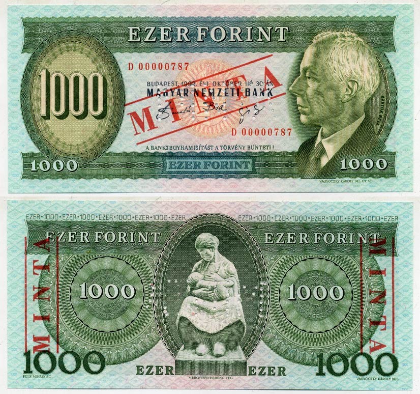 ВЕНГРИЯ 1000 ФОРИНТОВ 1992 ПРОБНИК MINTA Pick 176s бумага UNC (ПРЕСС) 000-00-00