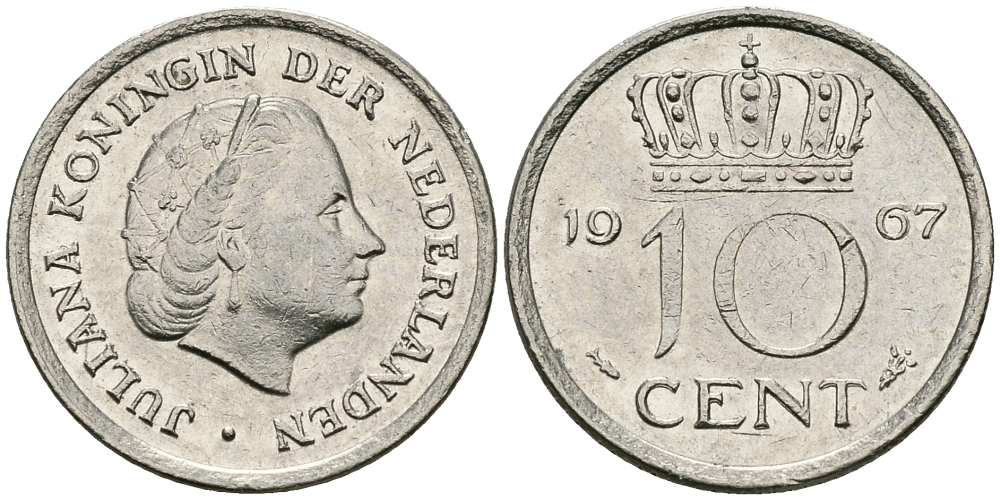 НИДЕРЛАНДЫ 10 ЦЕНТОВ 1967 ЮЛИАНА KM 182 никель 96-467