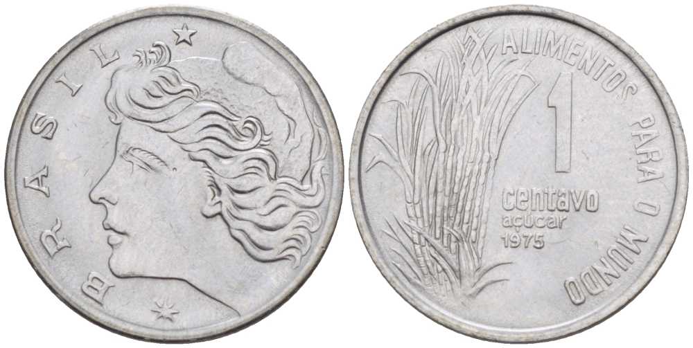 Бразилия 1 сентаво 1975 FAO, сахарный тростник KM 585 нержавеющая сталь 105-815