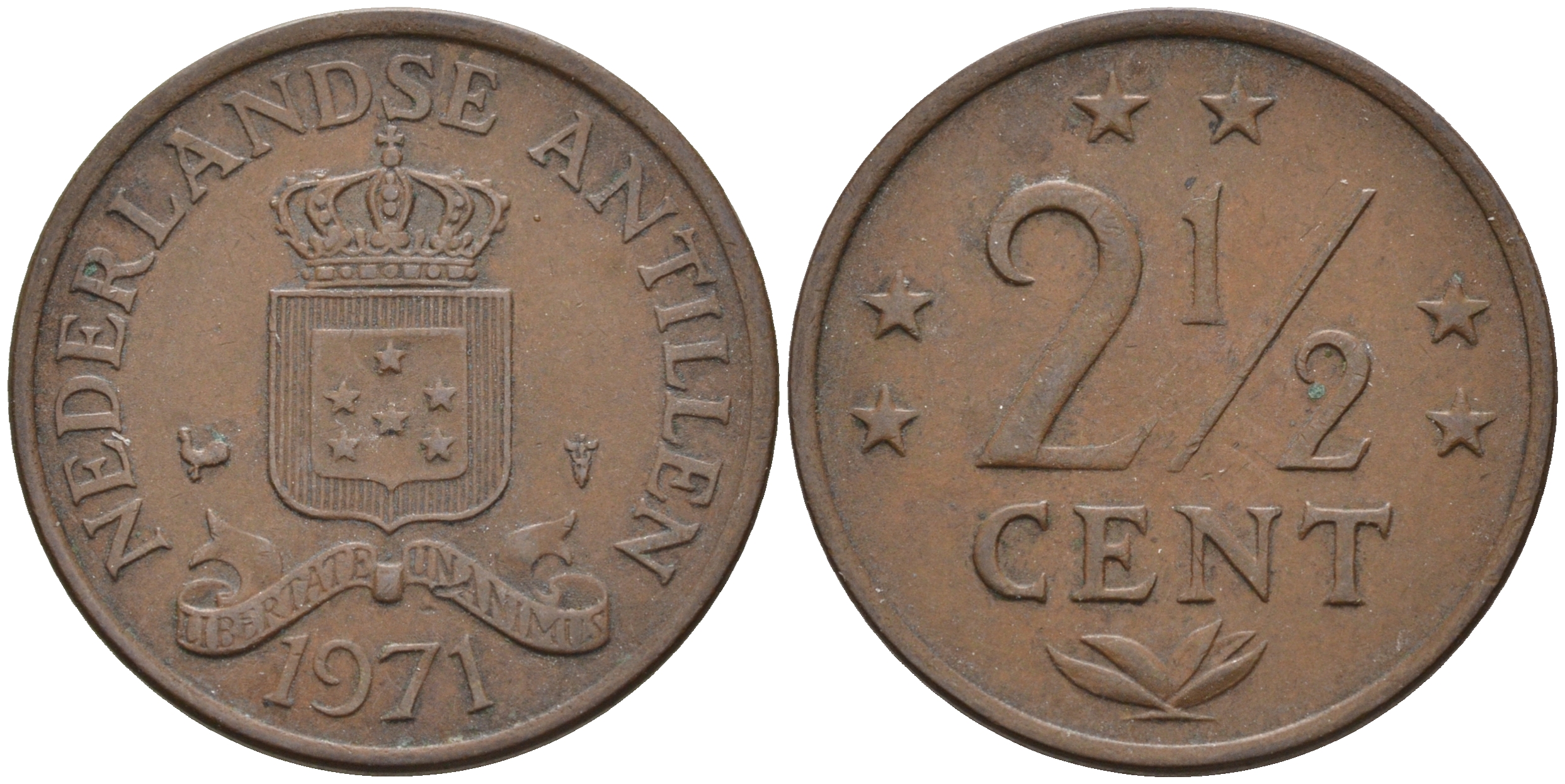 Нидерландские Антилы 2 1/2 цента 1971 Юлиана (1948-1980) KM 9 бронза 4595-413