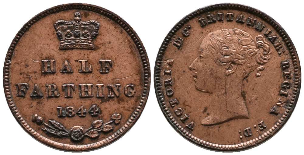 Великобритания 1/2 фартинга 1844 Виктория (1837-1901) KM 738, Spink 3951 медь  1518-1022