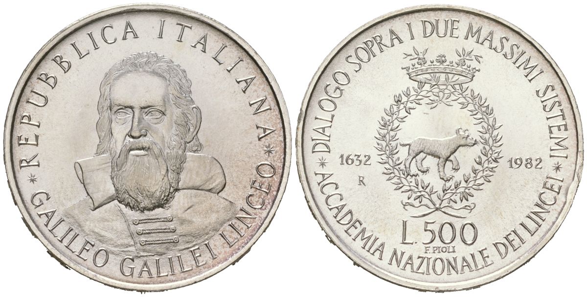 Италия 500 лир 1982 R, 350 лет со дня смерти Галилео Галилея KM 113 серебро BU 4607-224