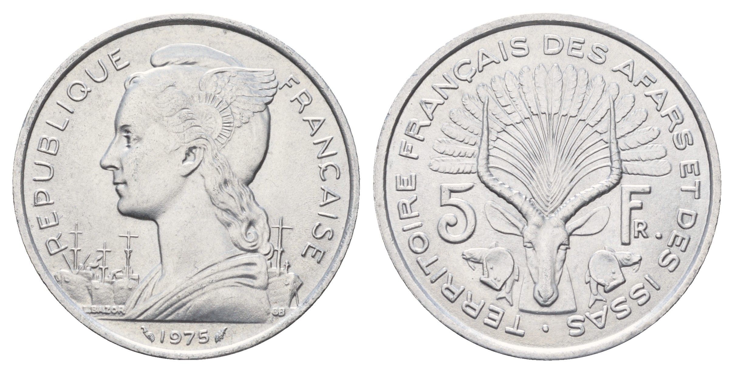 Французские афар и исса 5 франков 1975 KM 14 алюминий UNC 633-613
