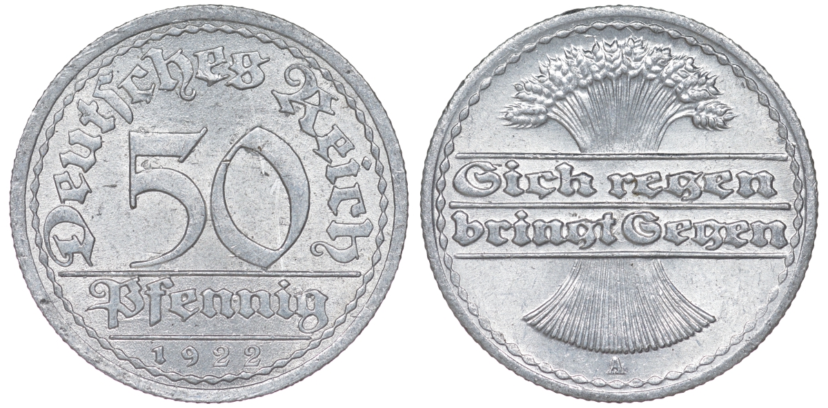Германия 50 пфеннигов 1922 A KM 27, J. 301 алюминий aUNC 4114-1146