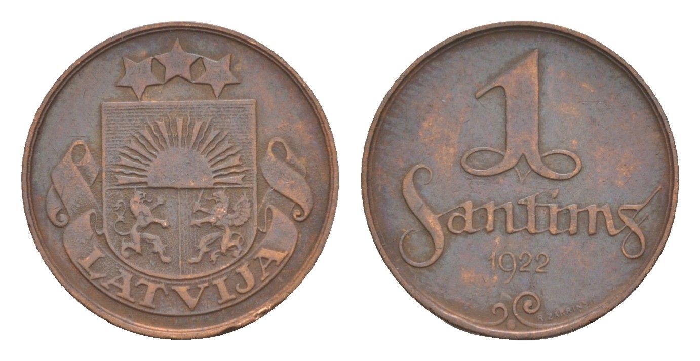 Латвия 1 сантим 1922 KM 1 бронза 4658-1129