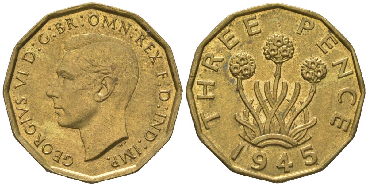 Великобритания 3 пенса 1945 Георг VI (1936-1952) KM 849, Spink 4112 никель латунь UNC 4163-647