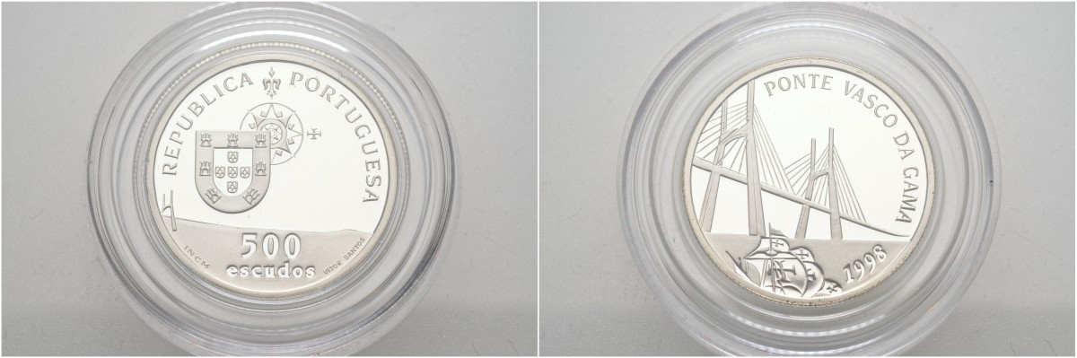 Португалия 500 эскудо 1998 мост Васко да Гама, оригинальная коробка, сертификат KM 750 серебро PROOF 3-4-10-7