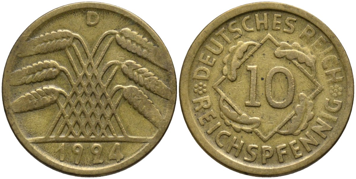 Германия 10 рейхспфеннигов 1924 D KM 40 алюминиевая бронза 4171-324