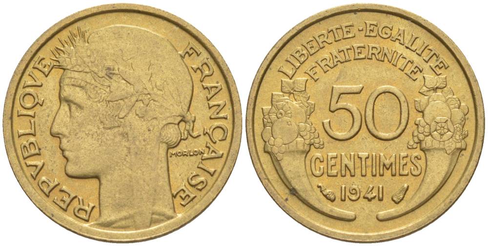 ФРАНЦИЯ 50 САНТИМОВ 1941 ТИП MORLON KM 894.1, LE FRANC 192.18 алюминиевая бронза 44-519