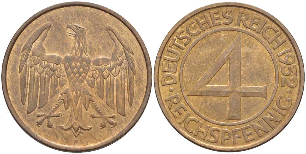 ГЕРМАНИЯ 4 РЕЙХСПФЕННИГА 1932 A, ВЕЙМАРСКАЯ РЕСПУБЛИКА KM 75, J.315, Weege 5 медь 202-227