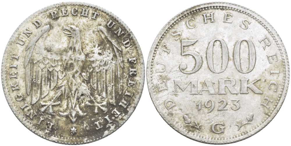 ГЕРМАНИЯ 500 МАРОК 1923 G KM 36, J. 305, Weege 23 алюминий 210-437