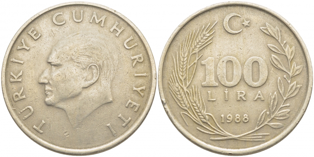 ТУРЦИЯ 100 ЛИР 1988 KM 967 медь никель цинк 109-926