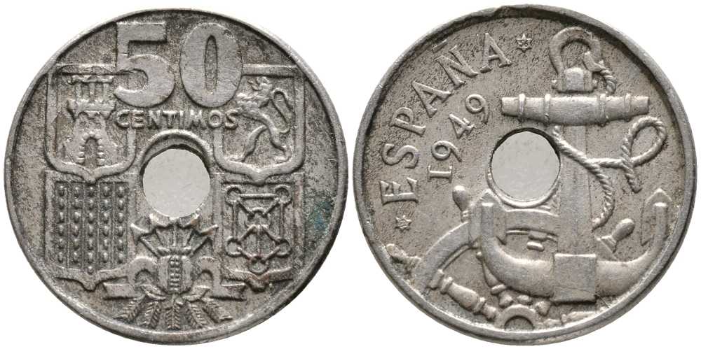Испания 50 сентимо 1949 (56) Франко (1939-1975), морская атрибутика KM 777 медно-никель 110-937