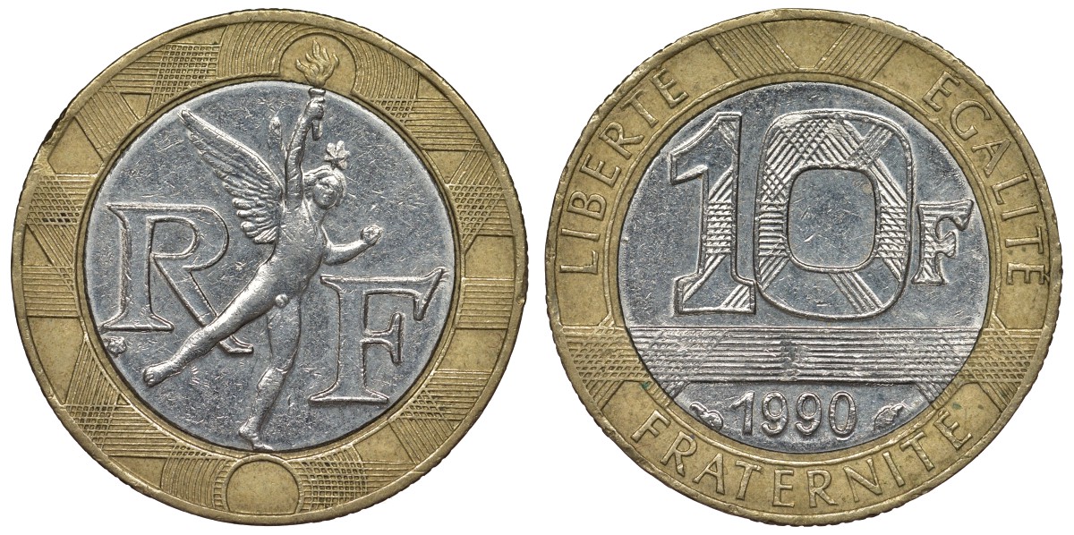 Франция 10 франков 1990 тип Гений Бастилии KM 964.1, Le Frank 375.5 биметалл 4128-517