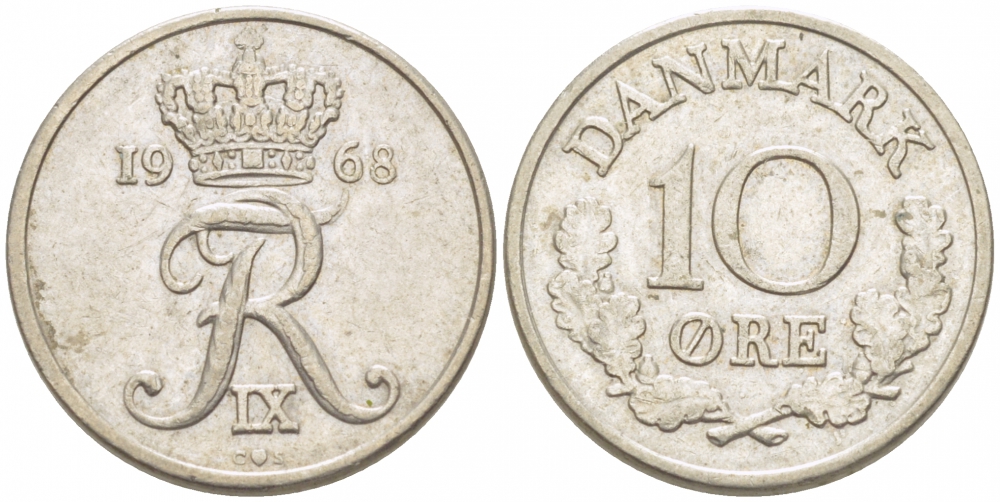 ДАНИЯ 10 ЭРЕ 1968 ФРИДЕРИК IX КМ 849.1 медно-никель 3309-154