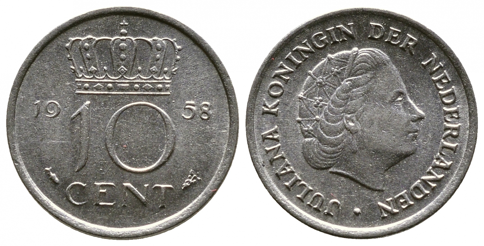НИДЕРЛАНДЫ 10 ЦЕНТОВ 1958 ЮЛИАНА KM 182 никель 261-621