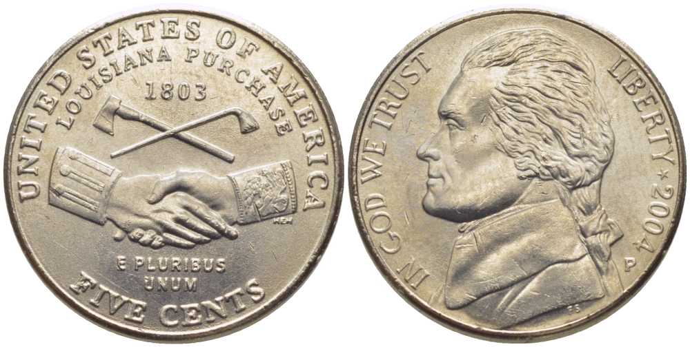 США 5 центов 2004 P, серия 200 лет экспедиции Льюиса и Кларка, приобретение Луизианы KM 360 медно-никель UNC M24-02