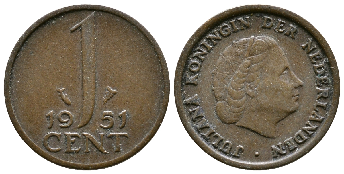 Нидерланды 1 цент 1951 Юлиана (1948-1980) КМ 180 бронза 75-1226
