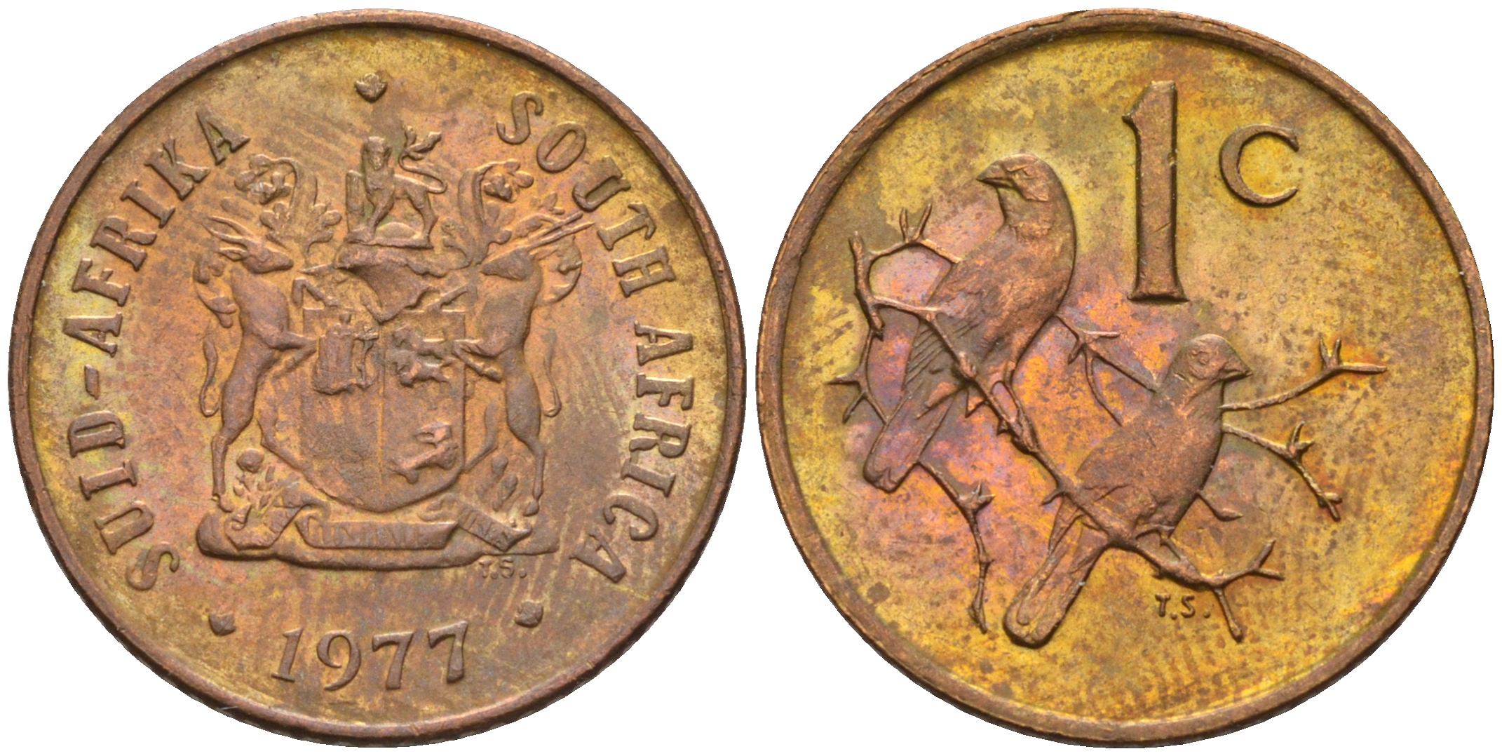 ЮАР 1 цент 1977 герб, капские воробьи KM 82 бронза  UNC 4115-165