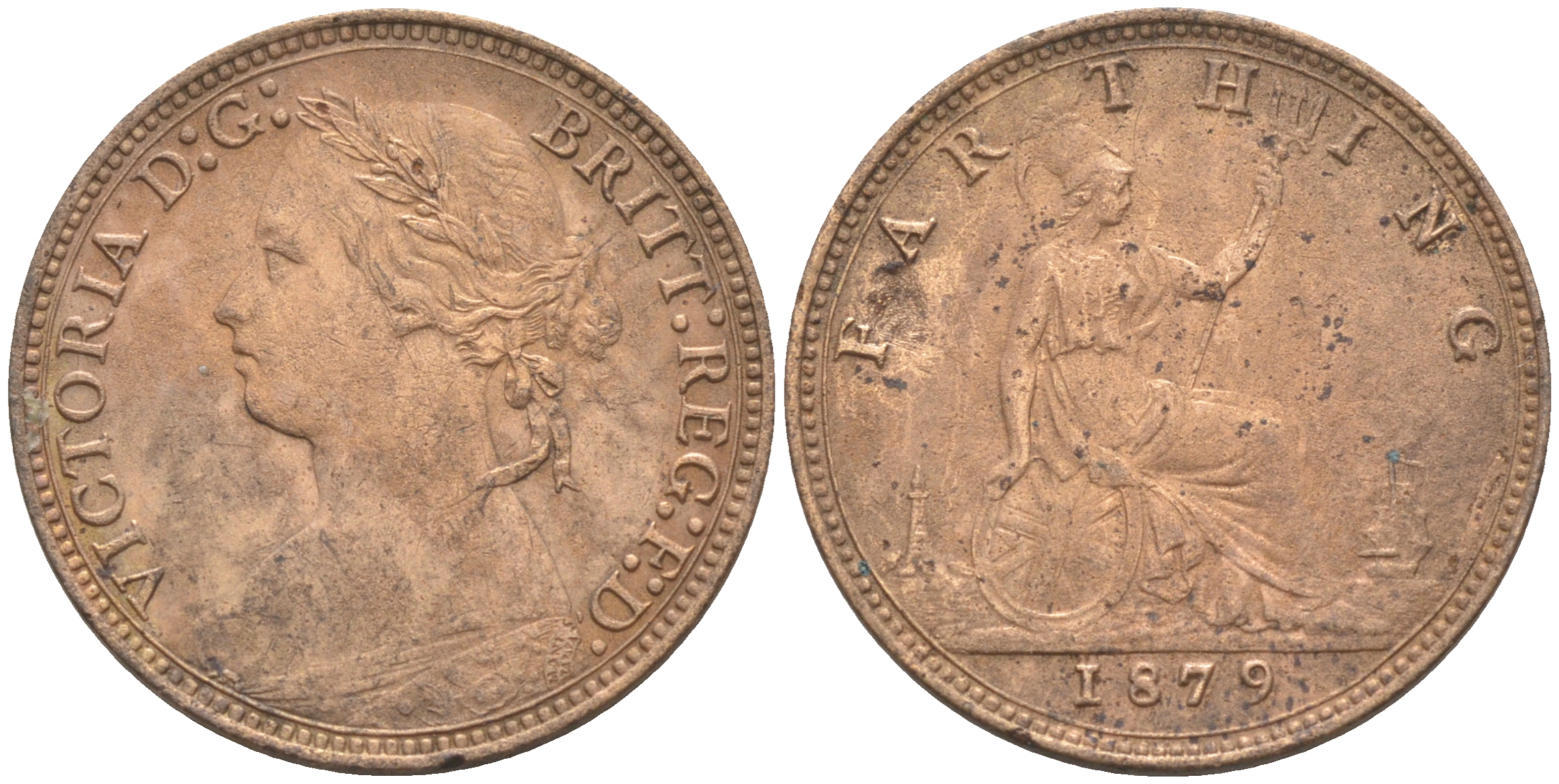 Великобритания 1 фартинг 1879 Виктория (1837-1901) KM 753, Spink 3958 бронза 63-323